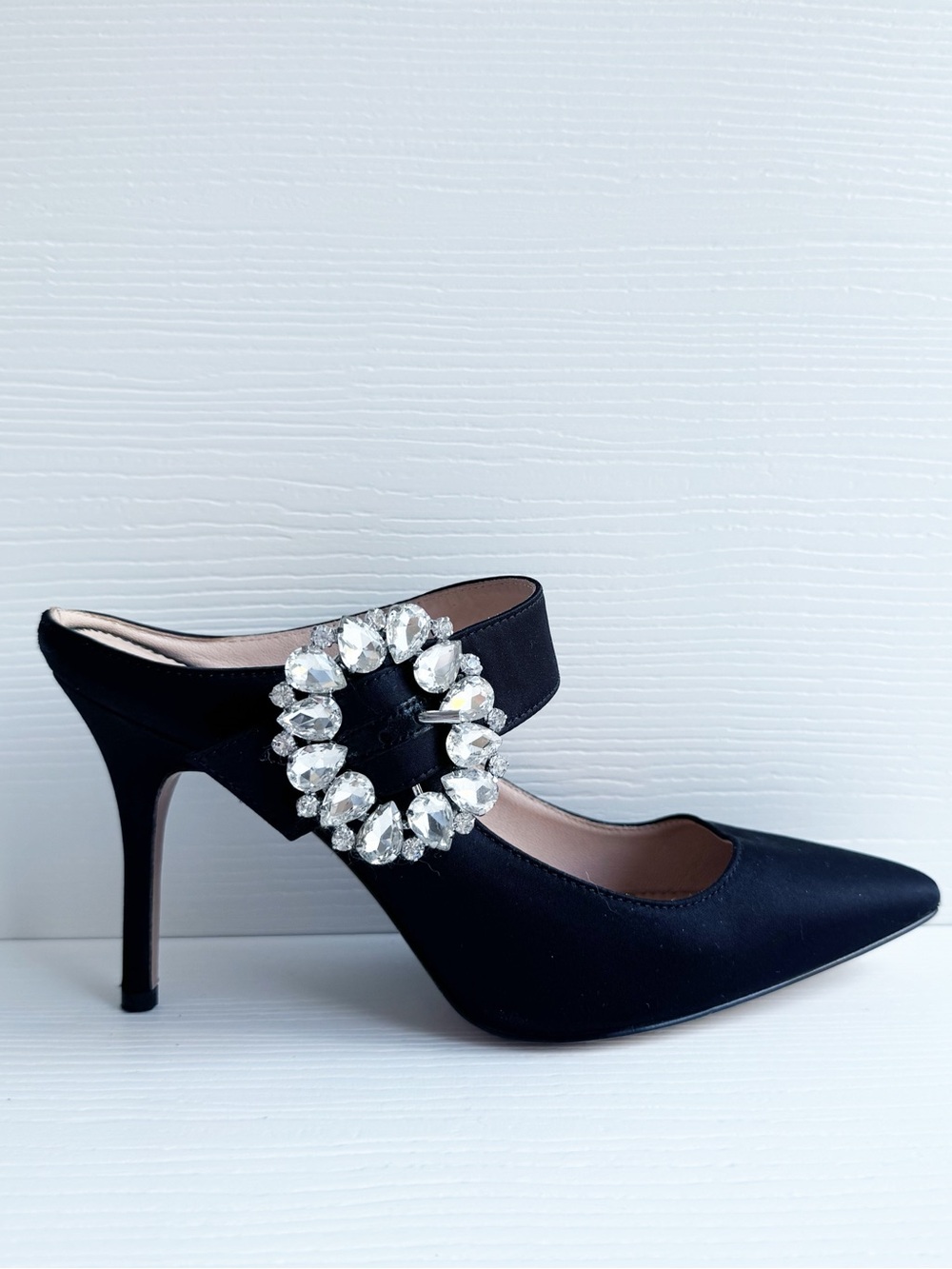 J.Crew Elsie Mary Jane Satin Mules Jewel Buckle Black Heels Made in Italy Size 6 - Picture 2 of 12